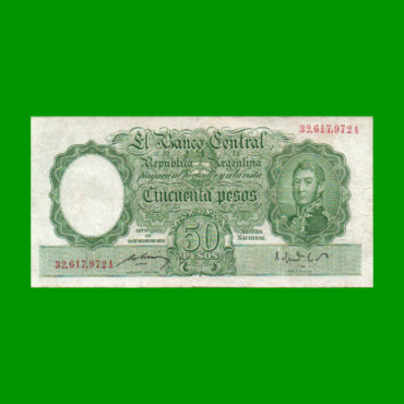 MONEDA NACIONAL $50,00, BOT 1986, NUMEROS ROJOS, AÑO 1951, ESTADO BUENO+ .-