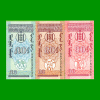 SET 3 BILLETES DE MONGOLIA (10), (20) Y (50) MONGO, AÑO 1993, ESTADO SIN CIRCULAR.-