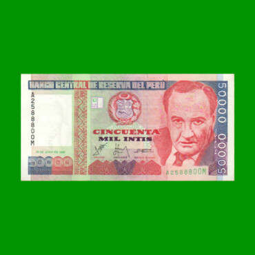 BILLETE DE PERU 50.000 INTIS, PICK 142, AÑO 1988, ESTADO EXECELENTE+.-