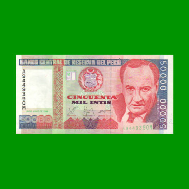 BILLETE DE PERU 50.000 INTIS, PICK 142, AÑO 1988, ESTADO SIN CIRCULAR.-
