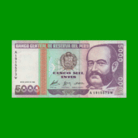BILLETE DE PERU 5.000 INTIS, PICK 137, AÑO 1988, ESTADO EXCELENTE + .-