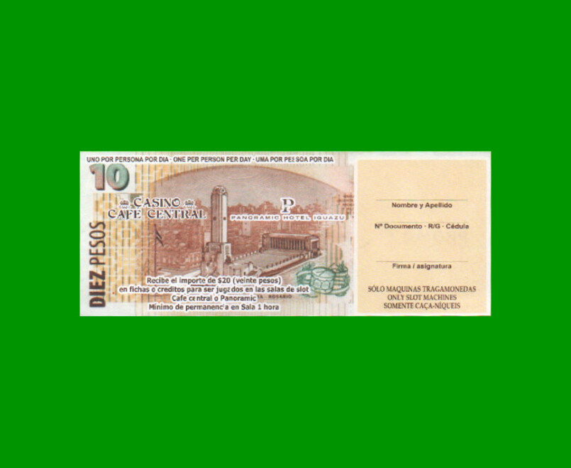 BILLETE DE ARGENTINA, 2DO DISEÑO 10 PESOS, "CASINO CAFE CENTRAL", PUBLICITARIO FANTASIA, ESTADO SIN CIRCULAR .- - Imagen 2