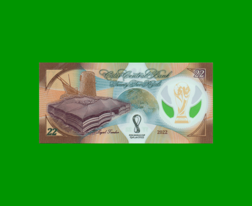 BILLETE DE QATAR PICK 39, POLYMERO, 22 RIYALS, AÑO 2022, MUNDIAL DE FUTBOL, EN SET DE PRESENTACION, S/C.- - Imagen 3