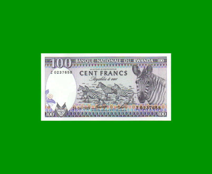 BILLETE DE RWANDA 100 FRANCOS, PICK 18, AÑO 1989 ESTADO SIN CIRCULAR.-