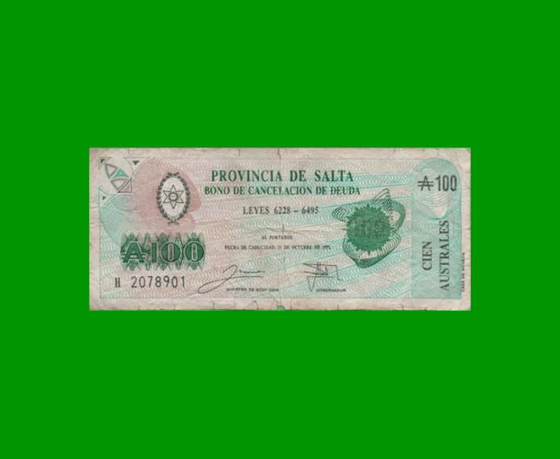 BONO DE SALTA 100,00 DE AUSTRALES, EC 067, AÑO 1989, ESTADO BUENO.-