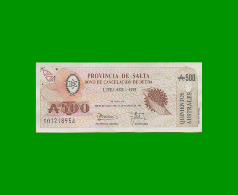 BONO DE SALTA 500,00 DE AUSTRALES, EC 071, AÑO 1989, ESTADO MUY BUENO+.-