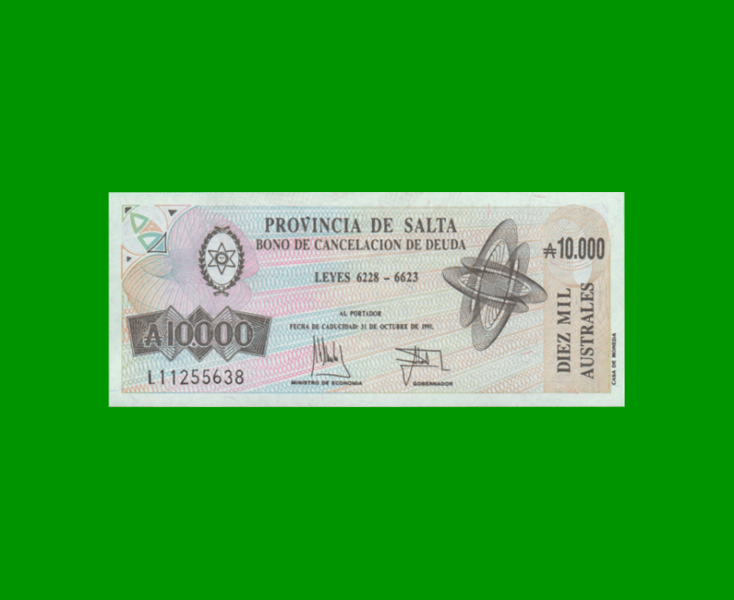 BONO DE SALTA 10.000,00 DE AUSTRALES, EC 081, AÑO 1991, ESTADO SIN CIRCULAR.-