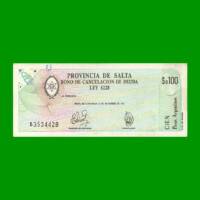 BONO DE SALTA $a100,00, EC 001, AÑO 1985, ESTADO EXCELENTE +.