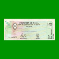 BONO DE SALTA $a100,00, EC 001, AÑO 1985, ESTADO MUY BUENO+.