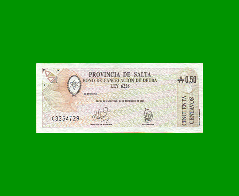 BONO DE SALTA 0,50CTVOS DE AUSTRALES, EC 050, AÑO 1985, ESTADO MUY BUENO-.