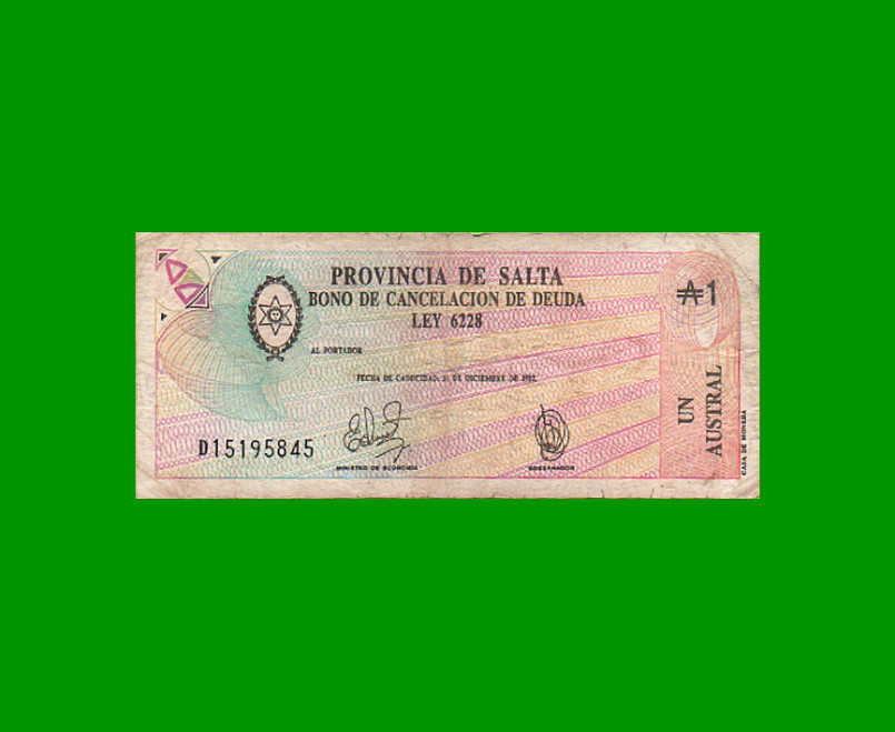 BONO DE SALTA 1,00 DE AUSTRAL, EC 053, AÑO 1987, ESTADO BUENO.-