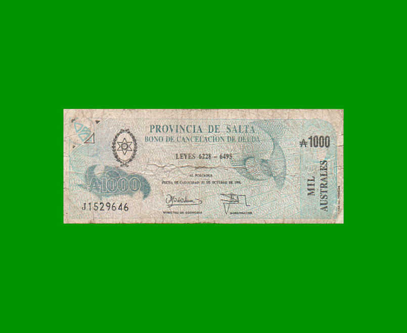 BONO DE SALTA 1.000,00 DE AUSTRALES, EC 073, AÑO 1989, ESTADO BUENO.-