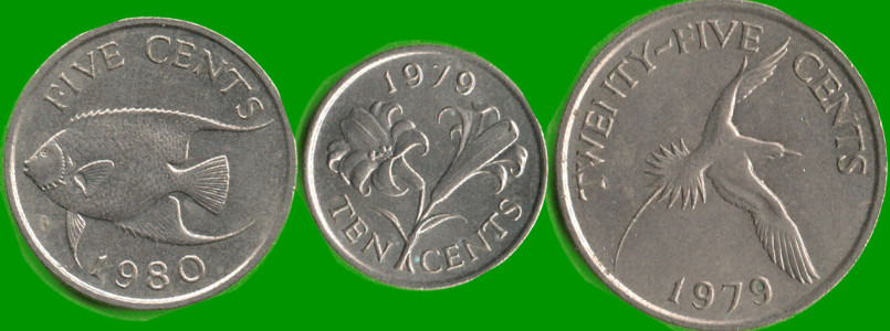 BERMUDAS SET DE TRES MONEDAS 0,5; 0,10 Y 0,25 Ctvos, AÑO 1979/ 1985, ESTADO NUEVAS.-