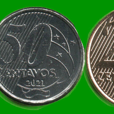 BRASIL SET DE CINCO MONEDAS 0,5; 0,10; 0,25 y 0,50 Ctvos y 1 REAL BIMETALICA, AÑO 2021, ESTADO NUEVAS.-