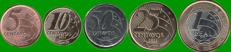 BRASIL SET DE CINCO MONEDAS 0,5; 0,10; 0,25 y 0,50 Ctvos y 1 REAL BIMETALICA, AÑO 2021, ESTADO NUEVAS.-