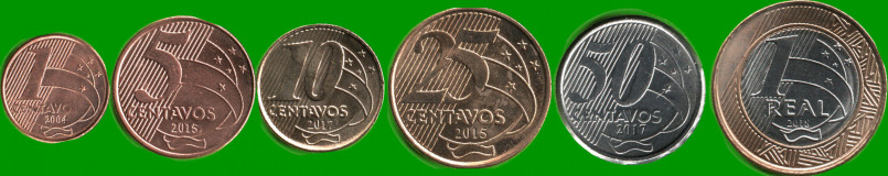 BRASIL SET DE SEIS MONEDAS 0,1; 0,5; 0,10; 0,25 y 0,50 Ctvos y 1 Real BIMETALICA, AÑO 2004/ 2018, ESTADO NUEVAS.-