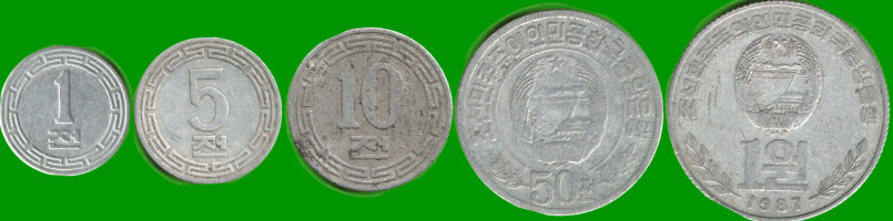 COREA DEL NORTE SET DE CINCO MONEDAS 1, 5, 10 Y 50 CHON; Y 1 WON, AÑO 1959/ 1987, ESTADO NUEVAS.-