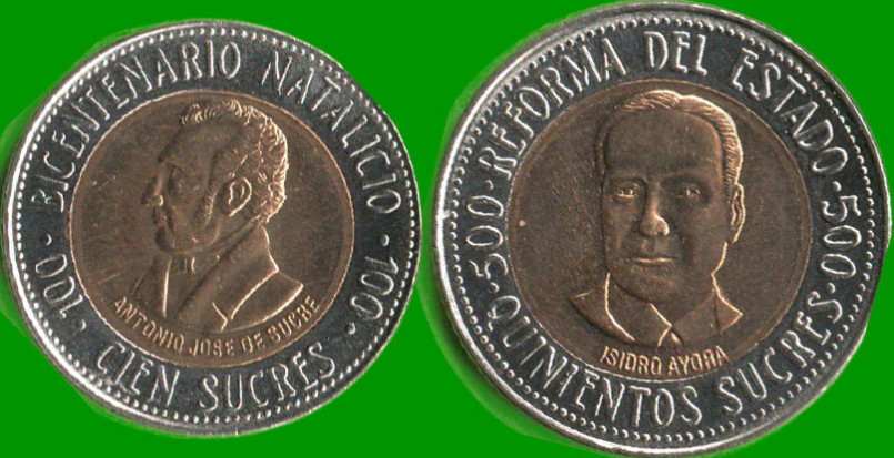 ECUADOR SET DE DOS MONEDAS 100 Y 500 SUCRES, BIMETALICAS, CONMEMORATIVAS, AÑO 1995, ESTADO NUEVAS.-