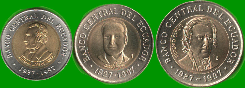 ECUADOR SET DE TRES MONEDAS 100, 500 Y 1.000 SUCRES, BIMETALICAS, CONMEMORATIVAS, AÑO 1997, ESTADO NUEVAS.- - Imagen 2