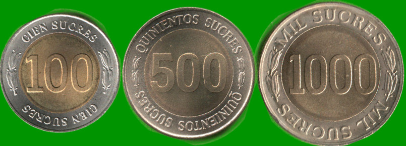 ECUADOR SET DE TRES MONEDAS 100, 500 Y 1.000 SUCRES, BIMETALICAS, CONMEMORATIVAS, AÑO 1997, ESTADO NUEVAS.-