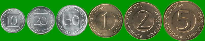 ESLOVENIA SET DE SEIS MONEDAS 10, 20 Y 50 STOTIN; Y 1, 2 Y 5 TOLAR, AÑO 1992/ 1997, ESTADO NUEVAS.-