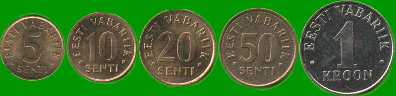 ESTONIA SET DE CINCO MONEDAS 5, 10, 20 Y 50 SENTI; Y 1 CORONA, AÑO 1992/ 1995, ESTADO NUEVAS.-