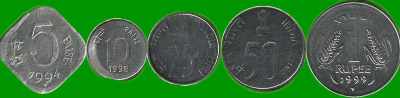 INDIA SET DE CINCO MONEDAS 5, 10, 25 Y 50 PAISAS; Y 1 RUPIA, AÑO 1994/ 1999, ESTADO NUEVAS.-