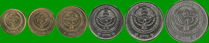 KIRGUIZISTAN SET DE SEIS MONEDAS 1 ,10 Y 50 TYIYN; Y 1, 3 Y 5 SOM, AÑO 2008, ESTADO NUEVAS.- - Imagen 2