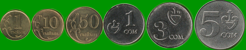 KIRGUIZISTAN SET DE SEIS MONEDAS 1 ,10 Y 50 TYIYN; Y 1, 3 Y 5 SOM, AÑO 2008, ESTADO NUEVAS.-