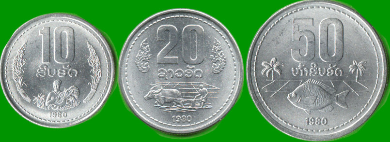 LAOS SET DE TRES MONEDAS 10, 20 Y 50 ATT, AÑO 1980, ESTADO NUEVAS.-