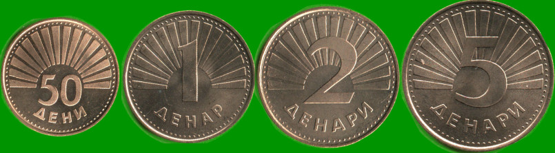 MACEDONIA SET DE CUATRO MONEDAS 50 DENI; Y 1, 2 Y 5 DINAR, AÑO 1993/ 2006, ESTADO NUEVAS.-