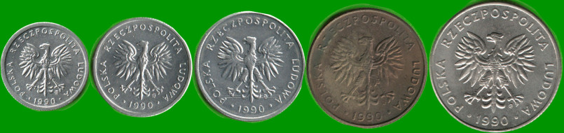 POLONIA SET DE CINCO MONEDAS 1, 2, 5, 10 y 20 ZLOTY, AÑO 1990, ESTADO NUEVAS.- - Imagen 2