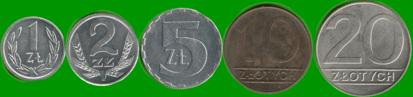 POLONIA SET DE CINCO MONEDAS 1, 2, 5, 10 y 20 ZLOTY, AÑO 1990, ESTADO NUEVAS.-