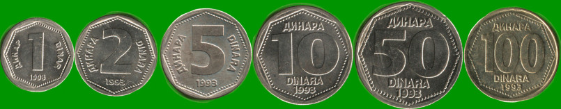 YUGOSLAVIA SET DE SEIS MONEDAS 1, 2, 5, 10, 50 Y 100 DINAR, AÑO 1993, ESTADO NUEVAS.-