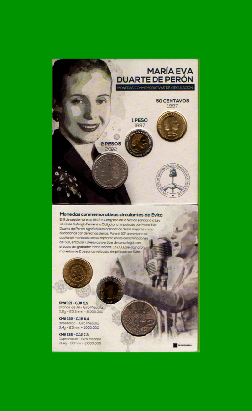 MONEDAS ARGENTINAS - SERIE EVA PERON, BLISTER DE 3 MONEDAS NUEVAS.-