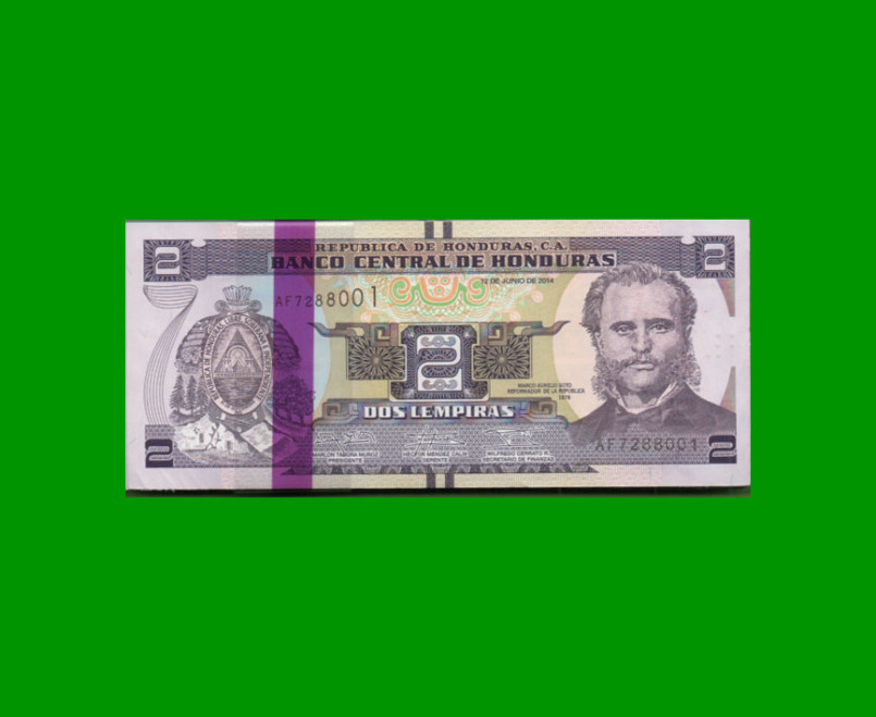 FAJO DE BILLETES DE HONDURAS 2 LEMPIRAS, PICK 97, AÑO 2014, ESTADO SIN CIRCULAR.-