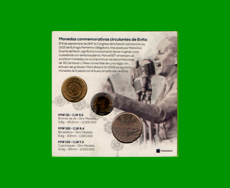 MONEDAS ARGENTINAS - SERIE EVA PERON, BLISTER DE 3 MONEDAS NUEVAS.- - Imagen 3