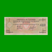 BONO DE TUCUMAN 0,10 CTVOS DE AUSTRALES, EC 090, AÑO 1985, ESTADO MUY BUENO.-