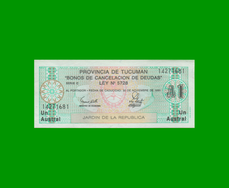 BONO DE TUCUMAN 1,00 AUSTRAL, EC 094, AÑO 1985, ESTADO EXCELENTE+.-