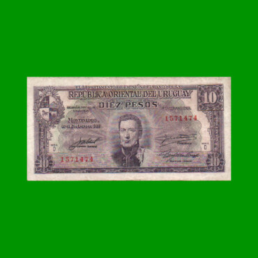 BILLETE DE URUGUAY $10,00, PICK 37d, SERIE D, ESTADO BUENO+.