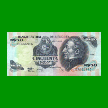 BILLETE DE URUGUAY $50,00 N$ PICK 61A, AÑO 1989, SERIE G, ESTADO MUY BUENO+.