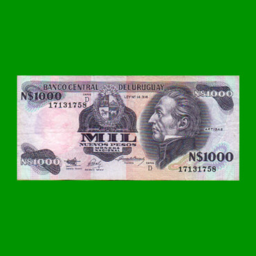 BILLETE DE URUGUAY $1.000,00 N$ PICK 64Ab, AÑO 1992, SERIE D, ESTADO MUY BUENO-.
