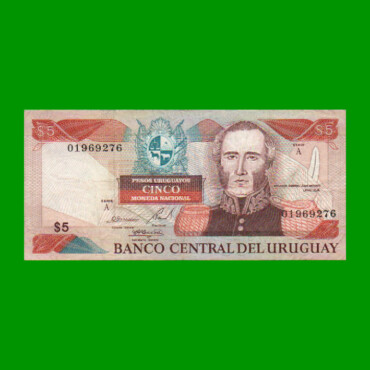 BILLETE DE URUGUAY $5,00 PICK 73A, AÑO 1997, SERIE A, ESTADO MUY BUENO.