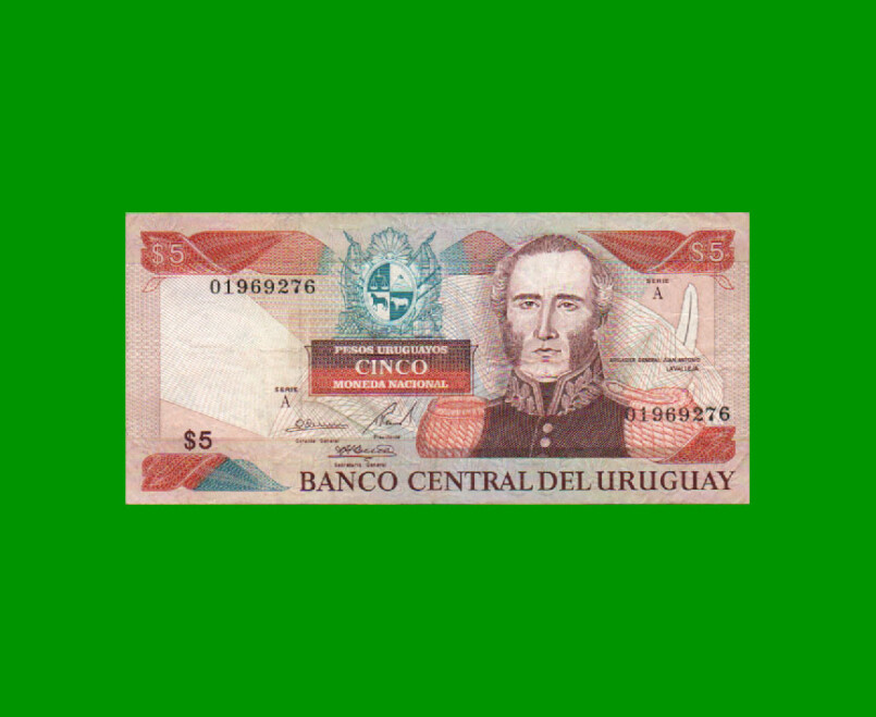 BILLETE DE URUGUAY $5,00 PICK 73A, AÑO 1997, SERIE A, ESTADO MUY BUENO.