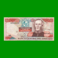 BILLETE DE URUGUAY $5,00 PICK 73A, AÑO 1997, SERIE A, ESTADO MUY BUENO-.