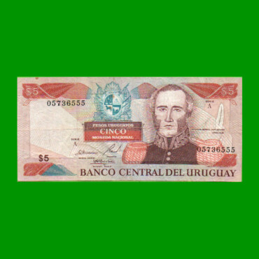 BILLETE DE URUGUAY $5,00 PICK 73A, AÑO 1997, SERIE A, ESTADO MUY BUENO-.
