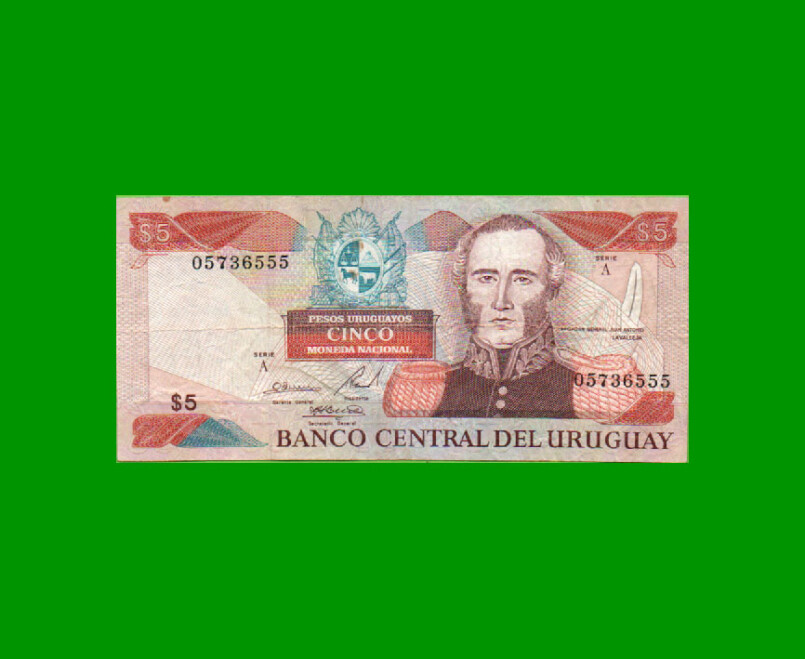 BILLETE DE URUGUAY $5,00 PICK 73A, AÑO 1997, SERIE A, ESTADO MUY BUENO-.