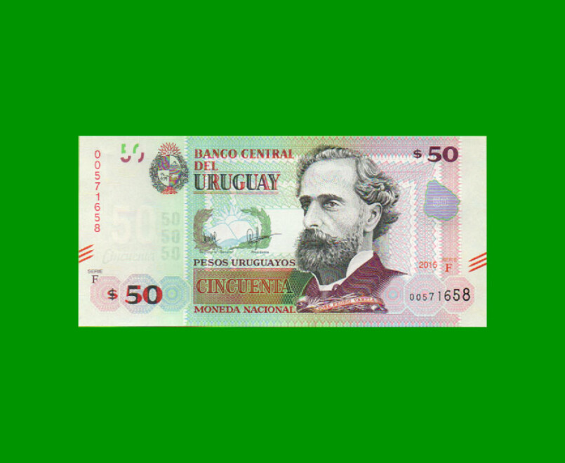 BILLETE DE URUGUAY $50,00 PICK 94, AÑO 2015, SERIE F, ESTADO SIN CIRCULAR.-