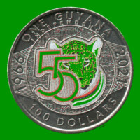 MONEDA DE GUYANA 100 DOLARES 55 ANIVERSARIO DE LA INDEPENDENCIA, AÑO 2021, ESTADO NUEVA.-