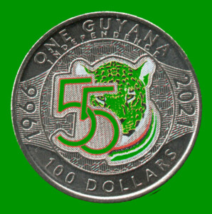 MONEDA DE GUYANA 100 DOLARES 55 ANIVERSARIO DE LA INDEPENDENCIA, AÑO 2021, ESTADO NUEVA.-